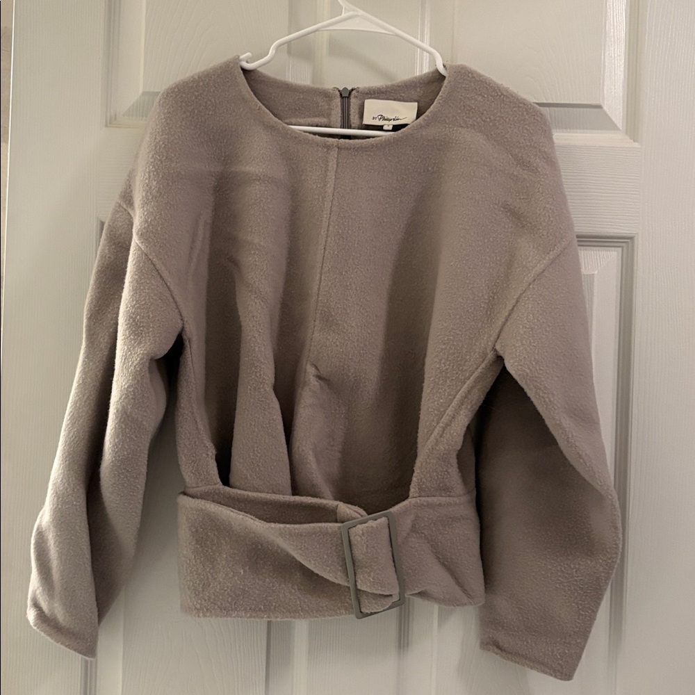 3.1 Phillip Lim Gray Long Sleeve Luxe Wool Belted Crew Neck Sweater Top S-4-NFS